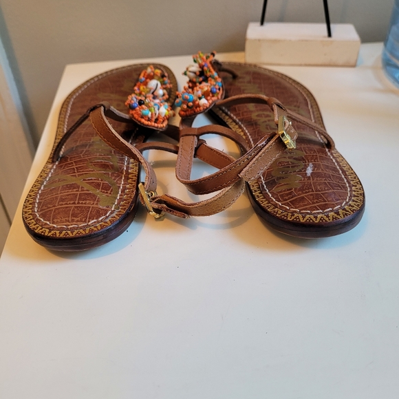 Sam edelman cognac leather sandals, T-strap with beaded design, NWOT, size 8.5 - Picture 3 of 7